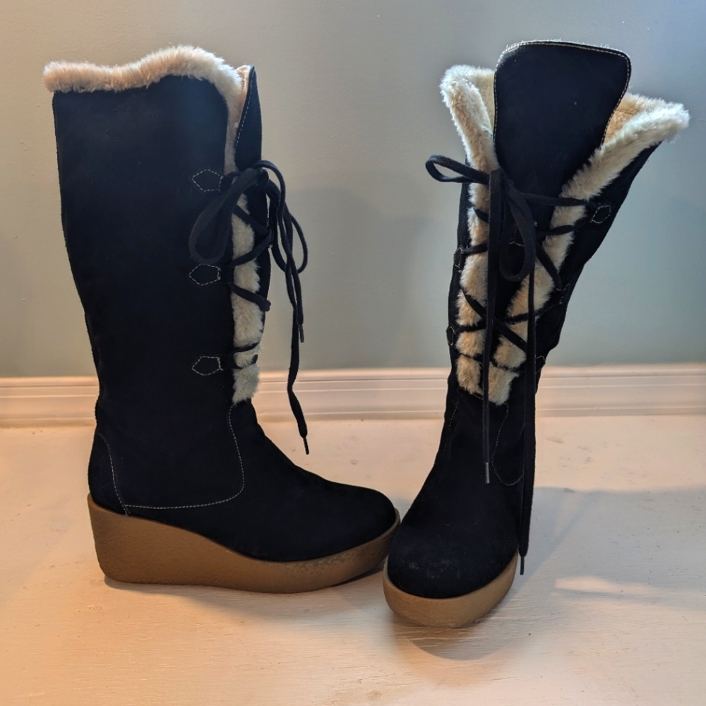 Michael Kors Lace Up Shearling Wedge Black Suede Mid Calf Winter Boots Women's 7
